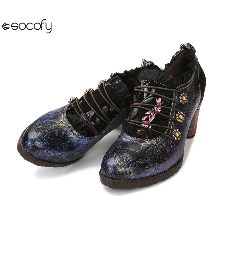 Socofy Vicconfy Genuine Leather Lace Trim Vintage Floral Illusion Heels