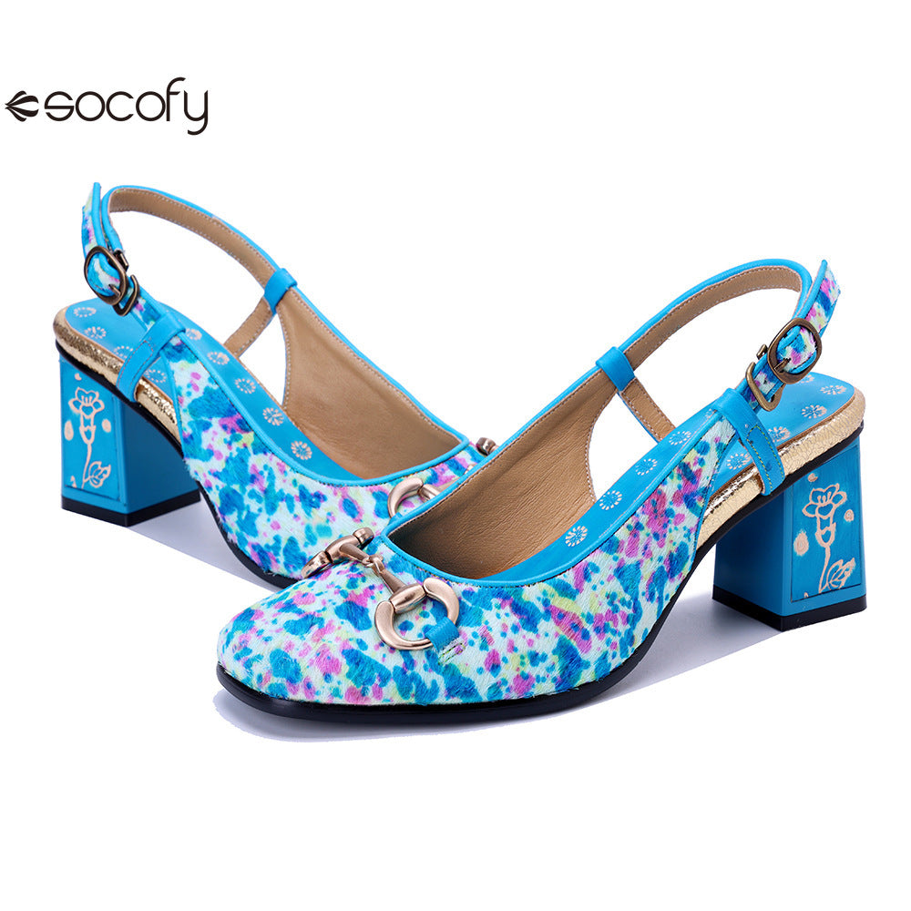 Socofy Handmade Leather Crushed Flower Chunky High Heeled Sandals