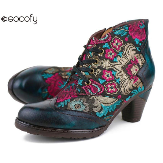 Socofy Genuine Leather short Embroidered flowers round toe high heel fashion boots for women 900