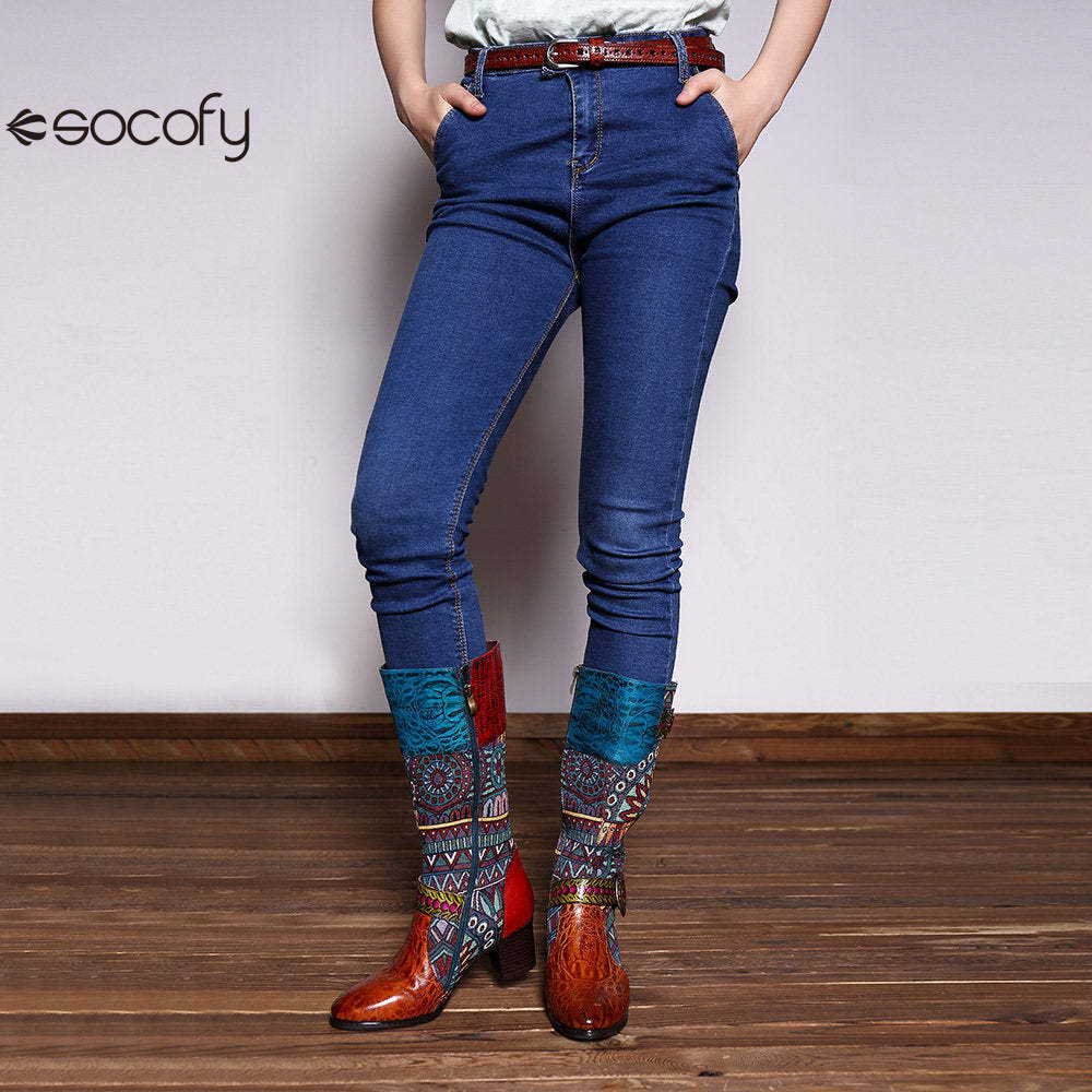 Socofy pointed-toe adhesive-soled high-top cowhide bohemian ethnic style fashion boots