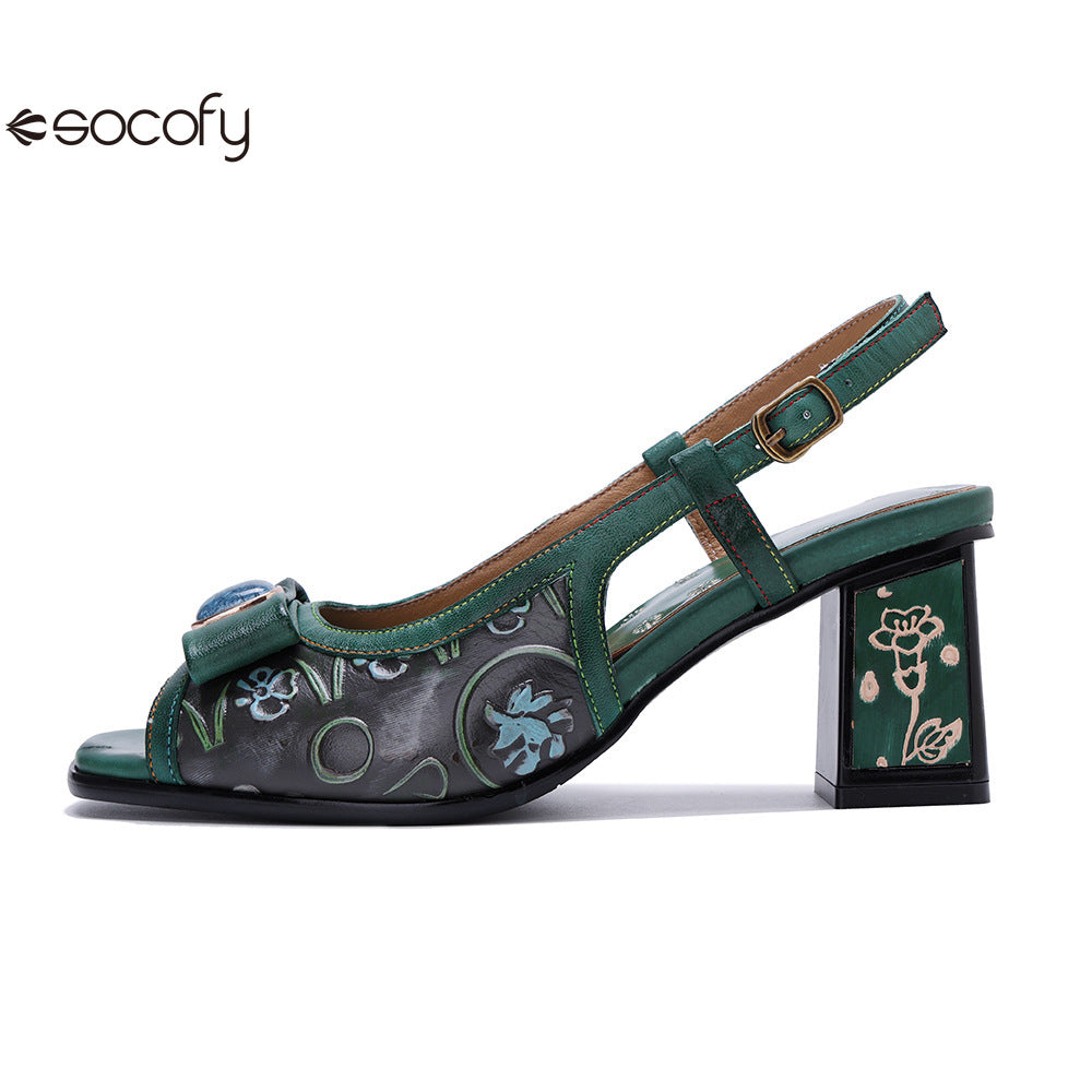 Socofy Handmade Leather Cubic Embossed Heeled Sandals