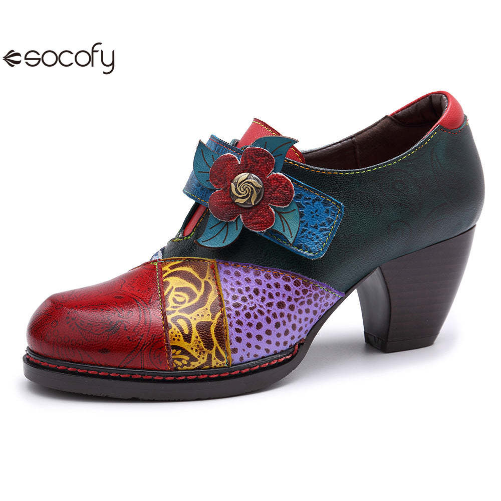 Socofy retro printing splicing ethnic style high heels women's shoes