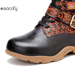 Socofy Vicconfy Leather Handmade Color Rubbed Printed Belt Buckle Flat Women's Boots