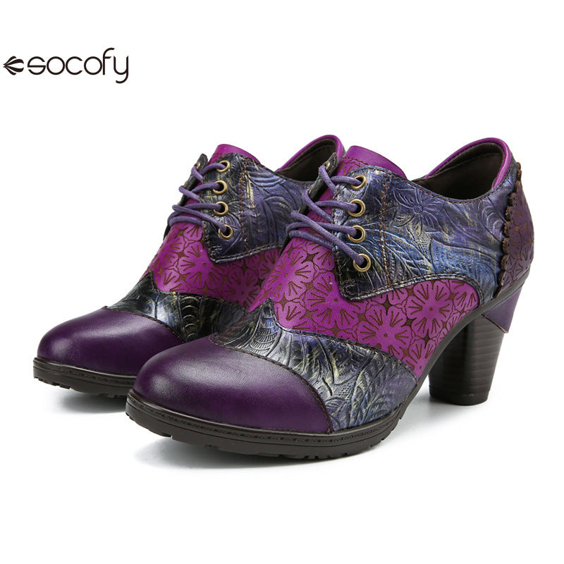 Socofy Genuine leather three-dimensional flower high heel pump