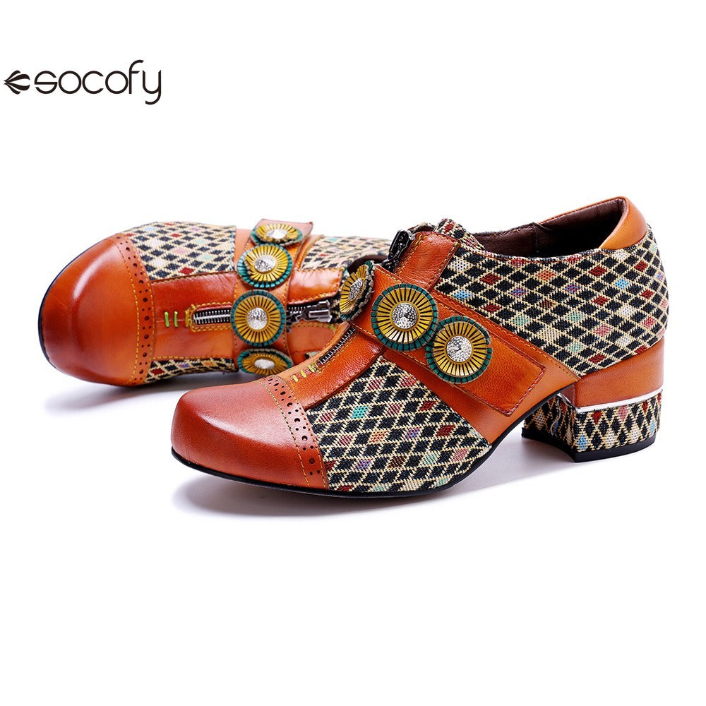 Socofy Genuine leather vintage plaid three-dimensional flowers pumps