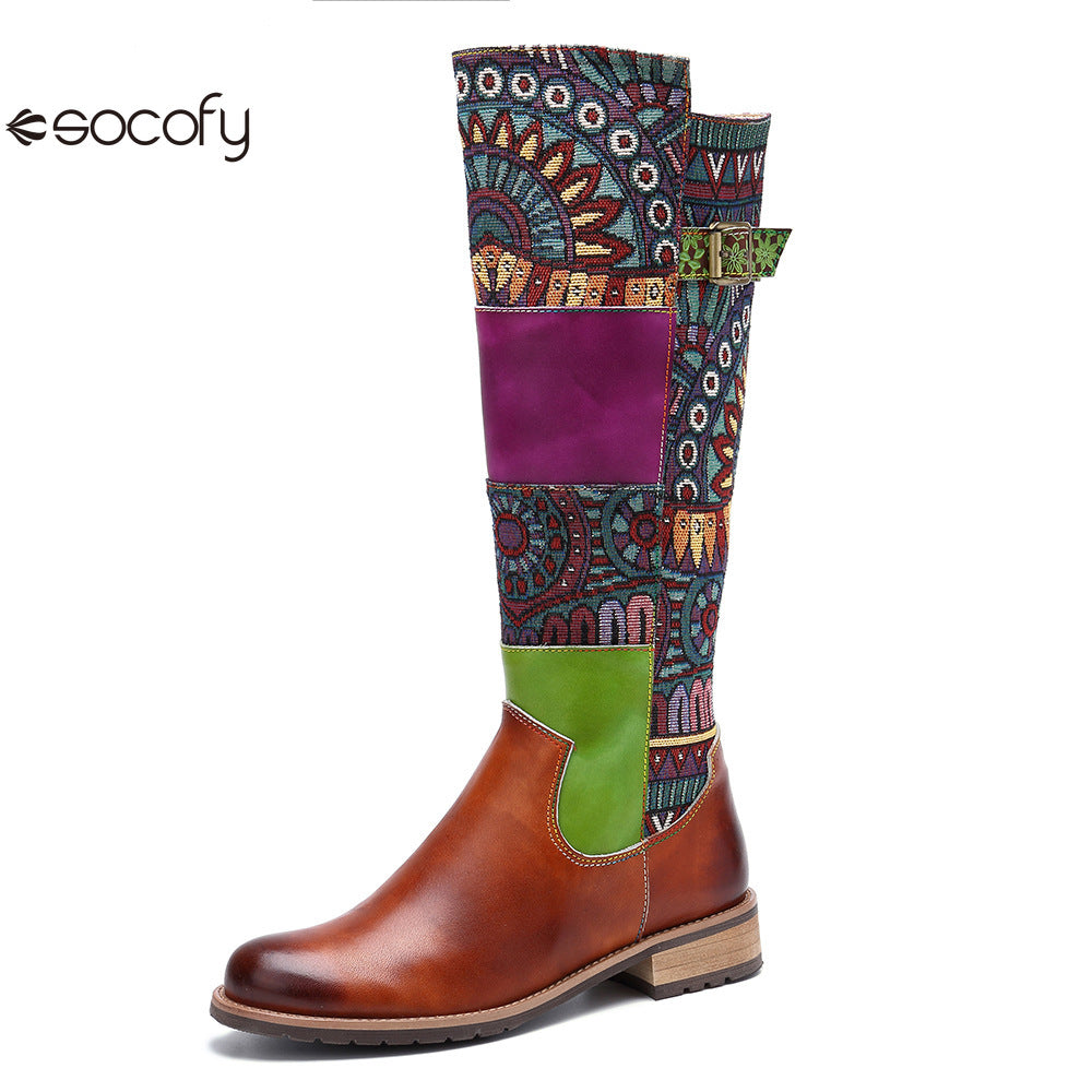 Socofy Vicconfy Genuine Leather Vintage Patchwork Long Warm Boots