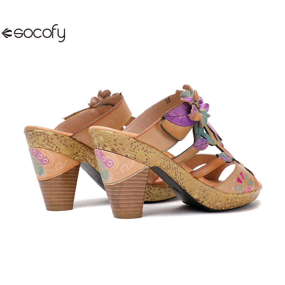 Socofy Vicconfy Flower Patchwork Head Cowhide High Heel Women's Sandals Slippers