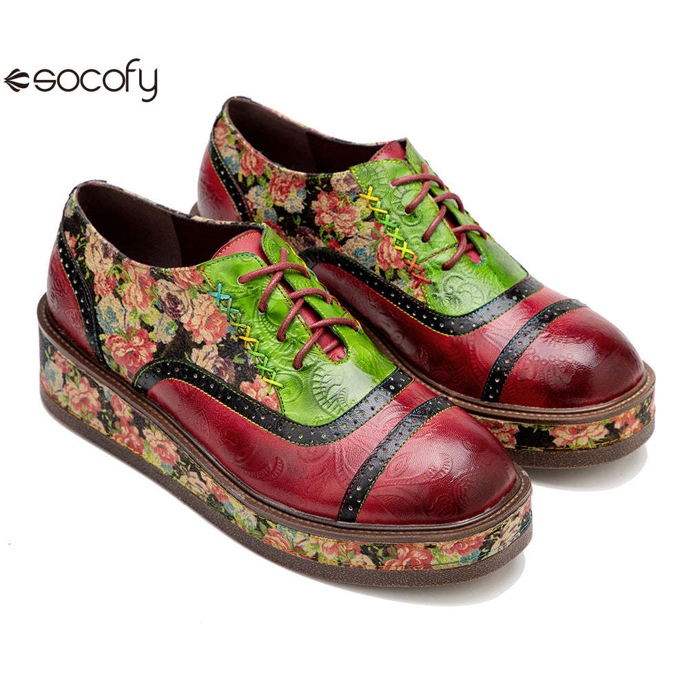 Socofy colour collision splicing lace-up thick bottom women's platform flat shoes