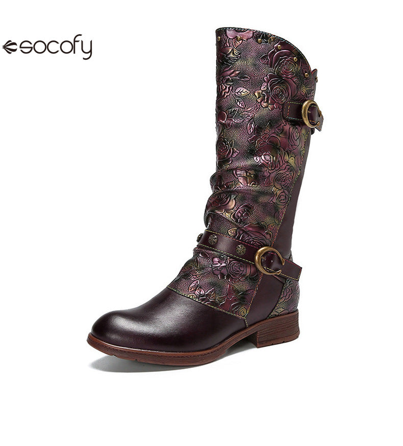 Socofy Vicconfy Side Zipper Vintage Floral Flat Heel Long Boots