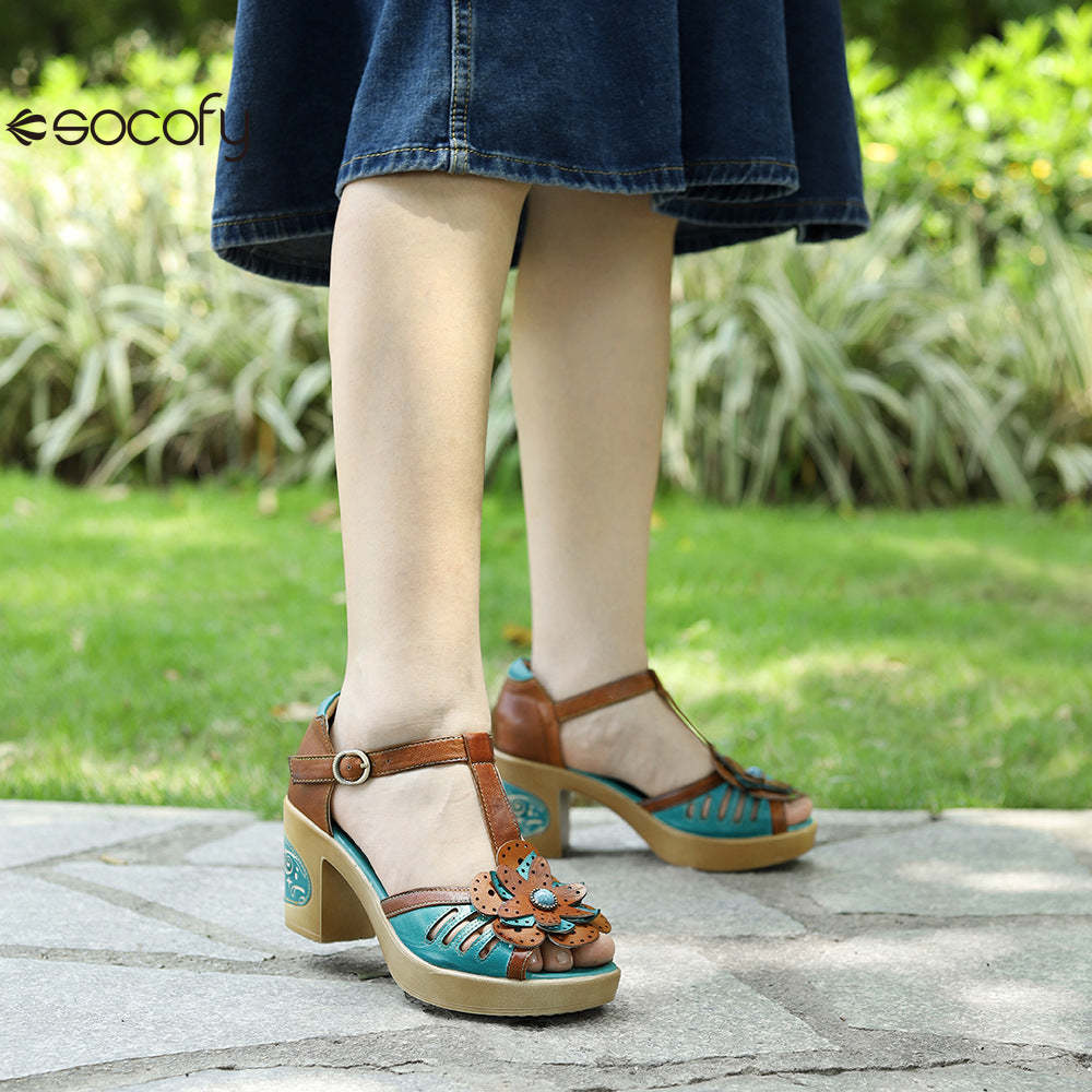 Socofy spring and summer leather retro casual three-dimensional flowers buckle strap women's sandals