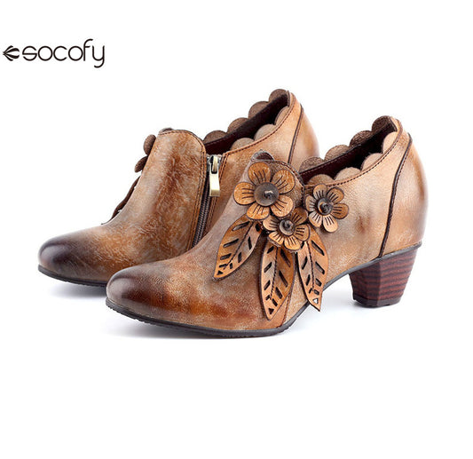 Socofy Genuine Leather Handmade Vintage Fashion Side Zipper High Heels Women's Shoes 790