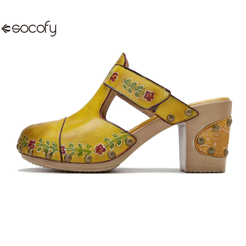 Socofy Spring and summer new spot genuine leather retro floral Baotou comfortable thick heel clogs and sandals