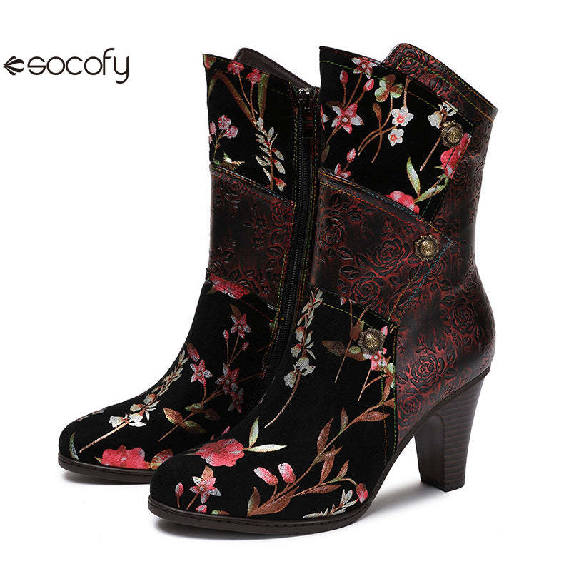 Socofy Vicconfy Court Leather Vintage Handmade High Heel Women's Boots