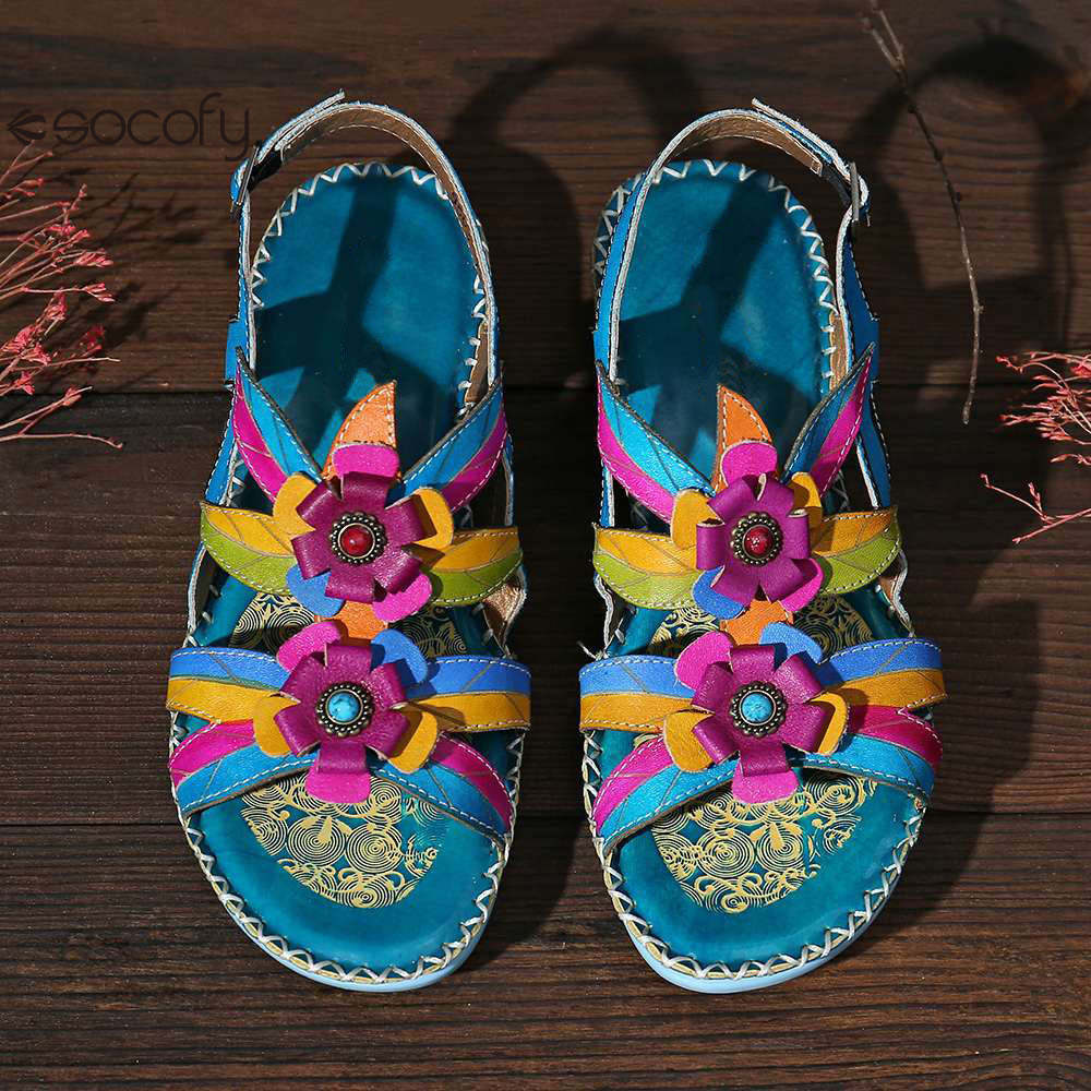 Socofy Summer flower decorated ethnic style women's sandals