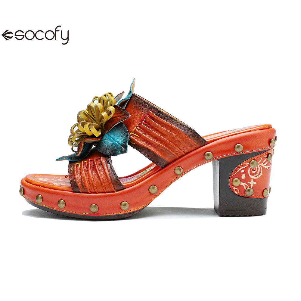 Socofy Genuine Leather Hand-painted Retro High Heeled Slippers Sandals