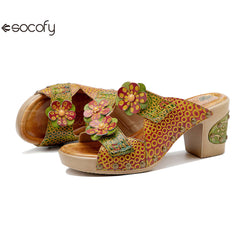 Socofy Spring and summer genuine leather retro flower comfortable thick heel high heel sandals