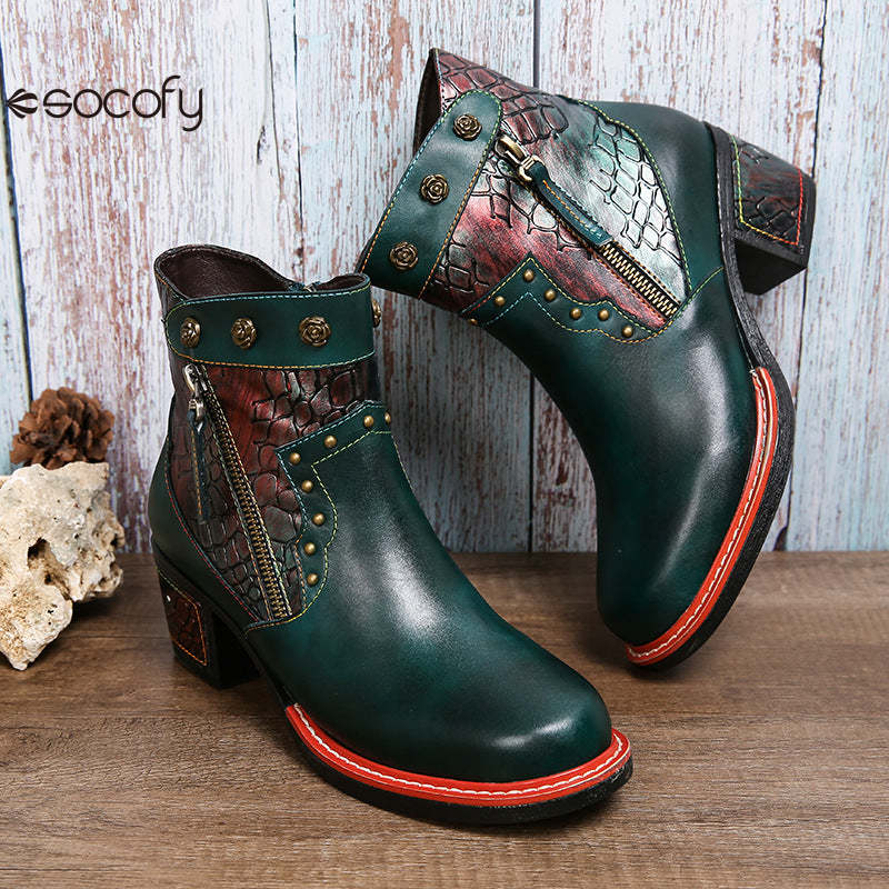 Socofy Vicconfy Women's Martin Boots Leather Patchwork Ethnic Vintage Short Boots