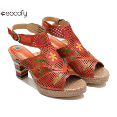 Socofy new retro genuine leather hollow color layer leather high heel sandals