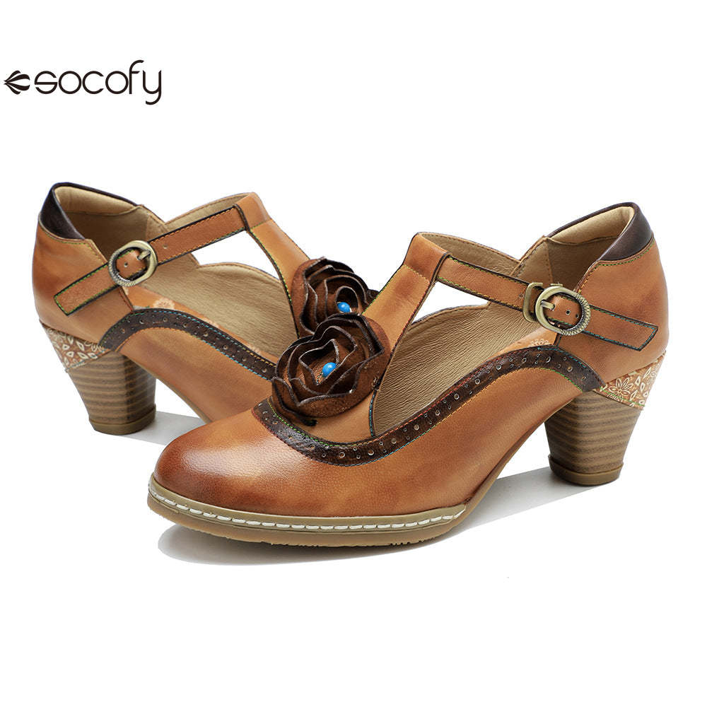 Socofy spring genuine leather retro Mary Jane high-heeled shoes