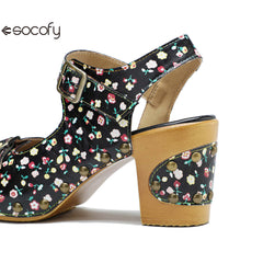 Socofy Leather Vintage Floral American Rustic Heeled Sandals