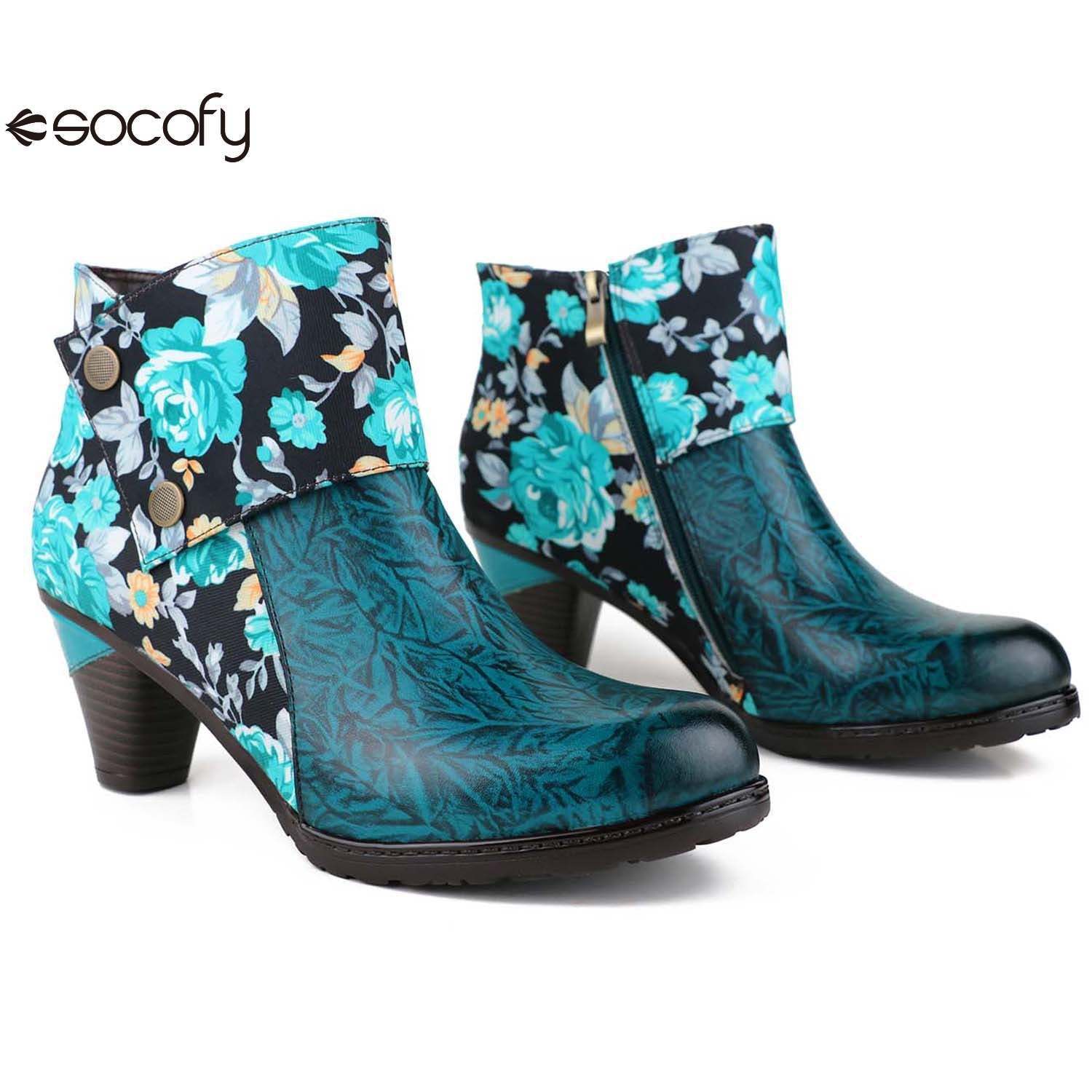 Socofy Autumn ethnic style cowhide thickened mid-calf round toe fashion boots for women