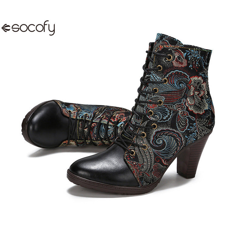 Socofy Vicconfy Cowhide Non-Slip Vintage Embroidered Heel Ankle Boots