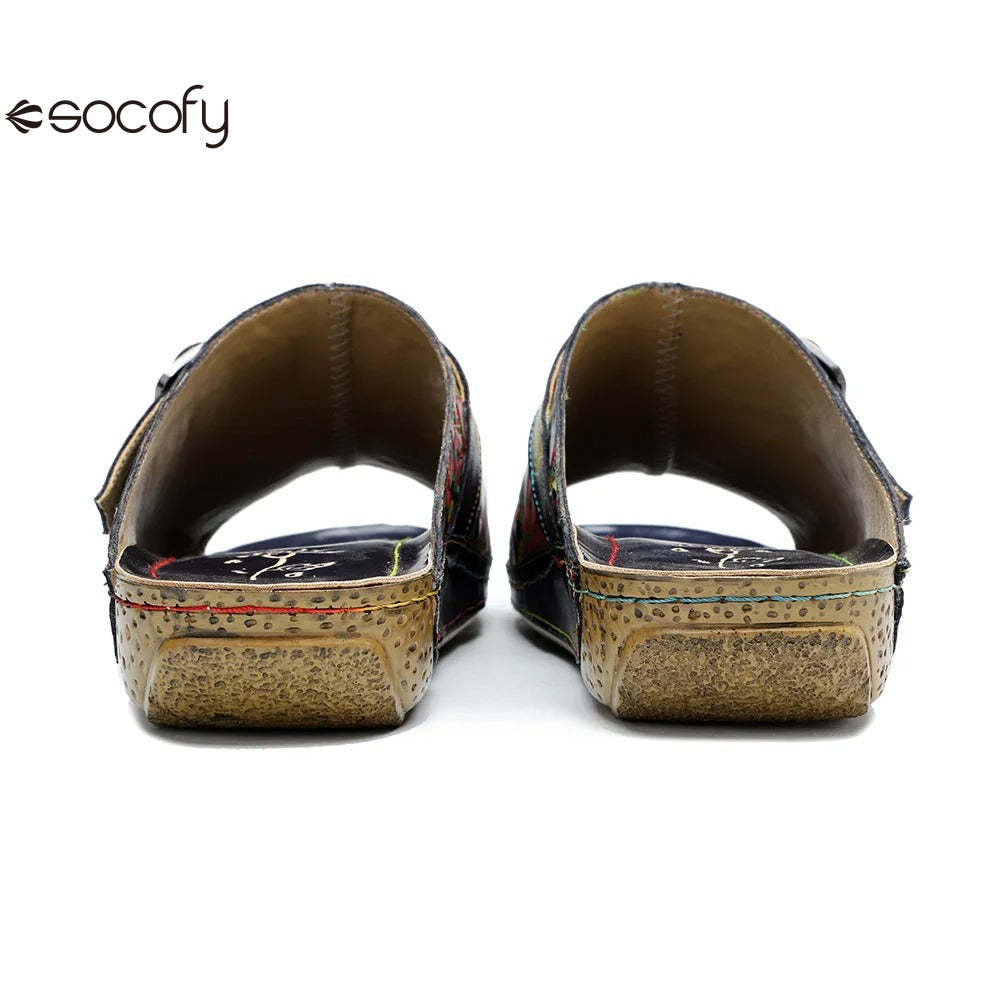 Socofy Spring Summer Genuine Leather Outside Slippers Hand-painted Retro Comfort Flat Sandals