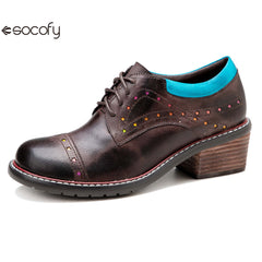 Socofy Leather Star Deco Lace Up Chunky Heel Single Shoes