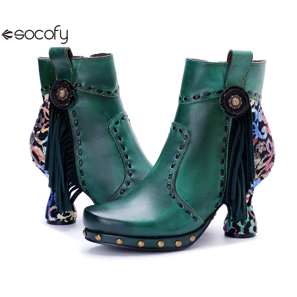 Socofy Vicconfy Retro Handmade Side Fringe Ankle Boots