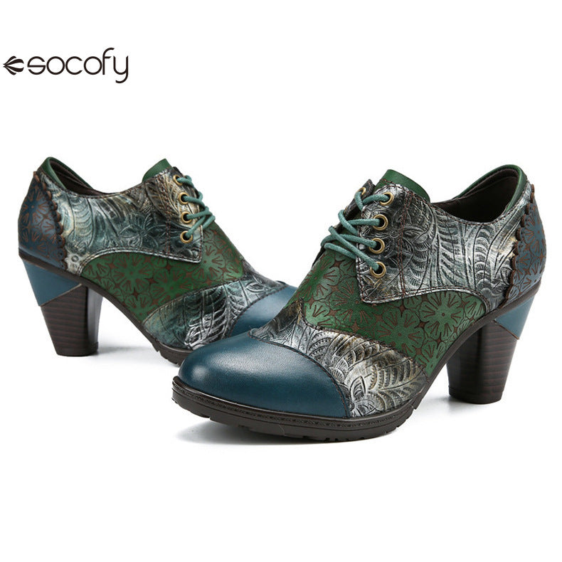 Socofy Genuine leather three-dimensional flower high heel pump