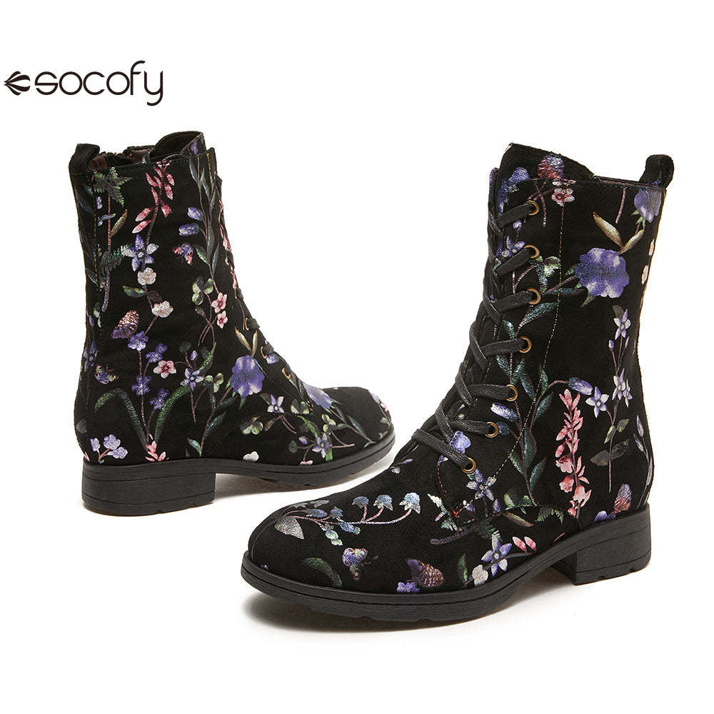 Socofy Autumn and winter warm and wear-resistant mid-calf round-toe cowhide leather fashion boots