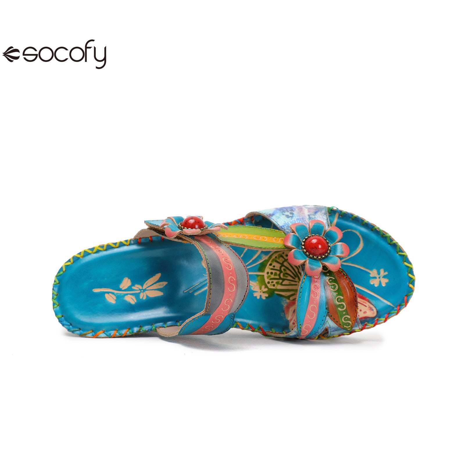 Socofy summer fashionable flower women's shoes ethnic style retro casual leather wedge slippers