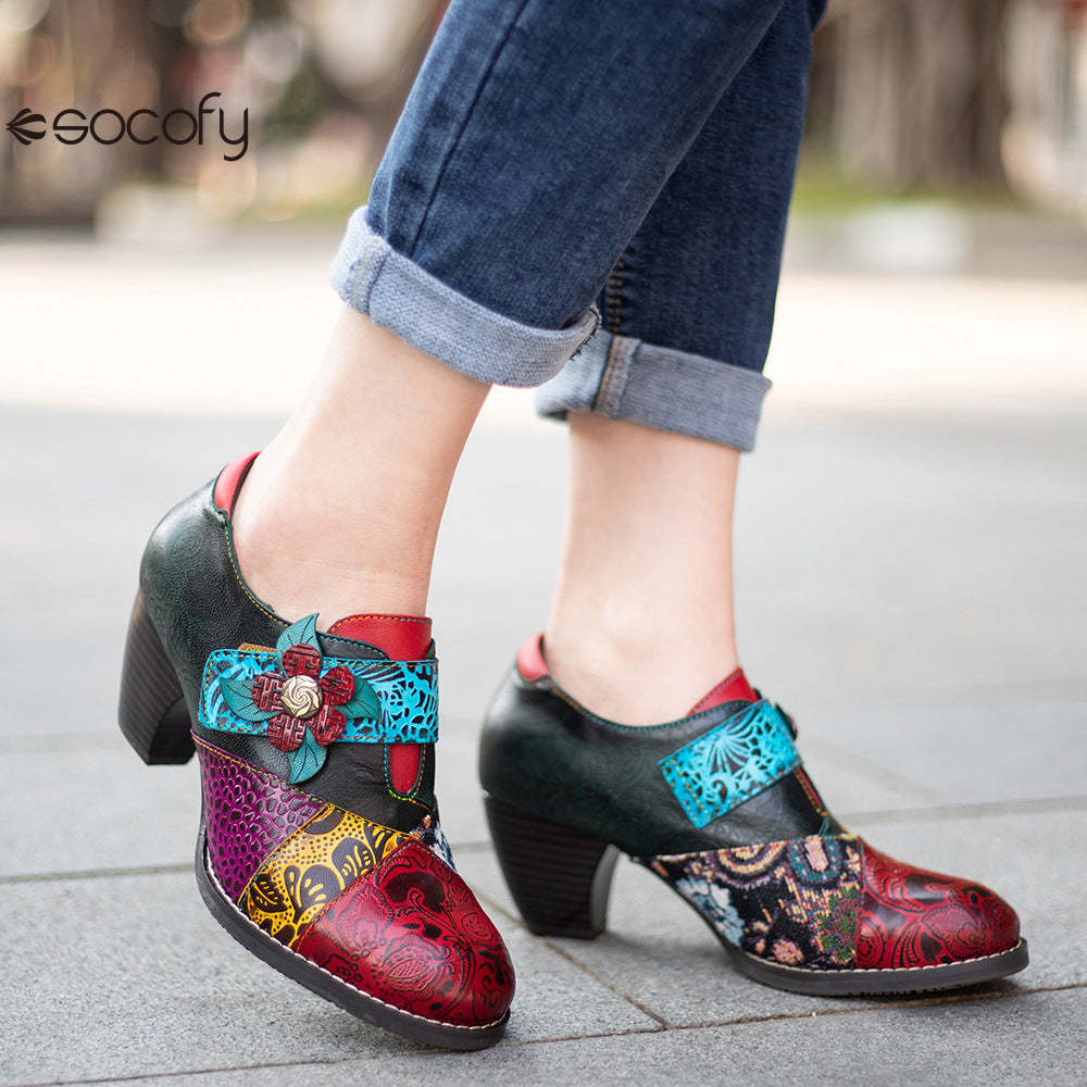 Socofy retro printing splicing ethnic style high heels women's shoes