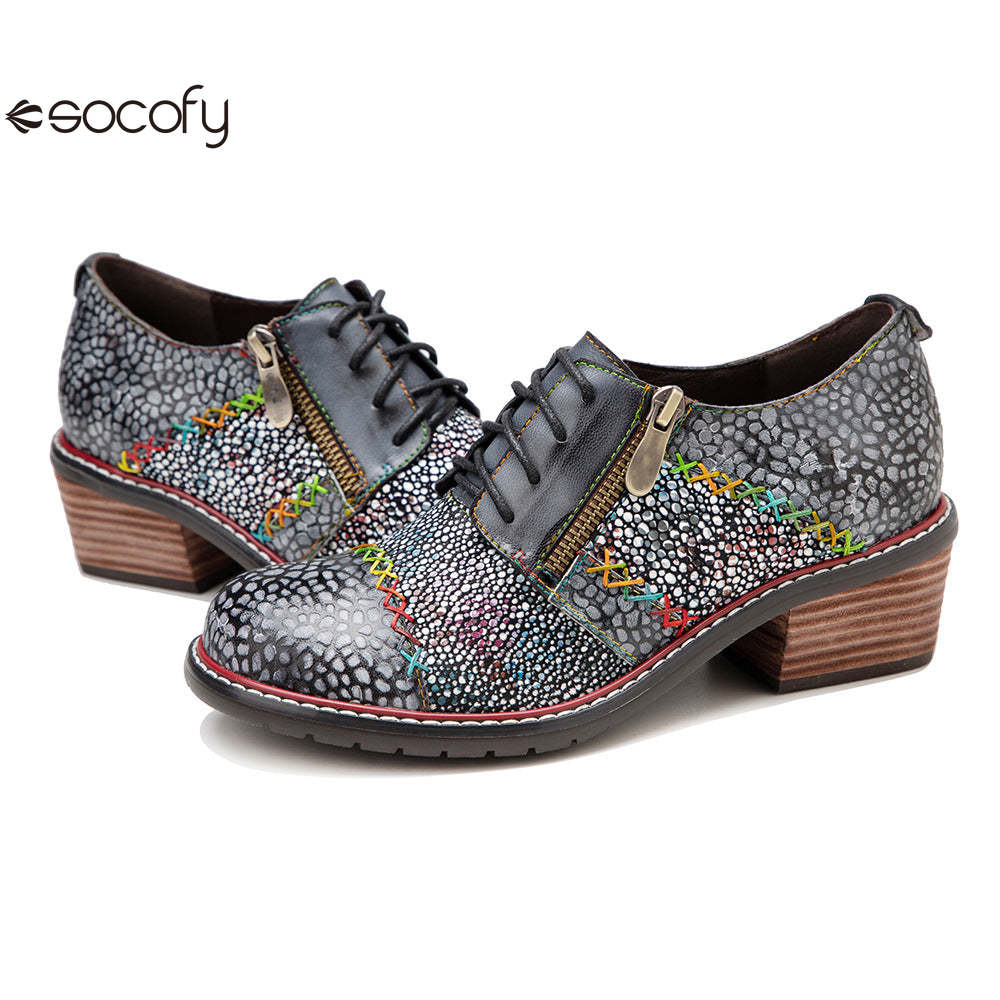 Socofy spring leather zipper Deco Chunky Heels women's shoes