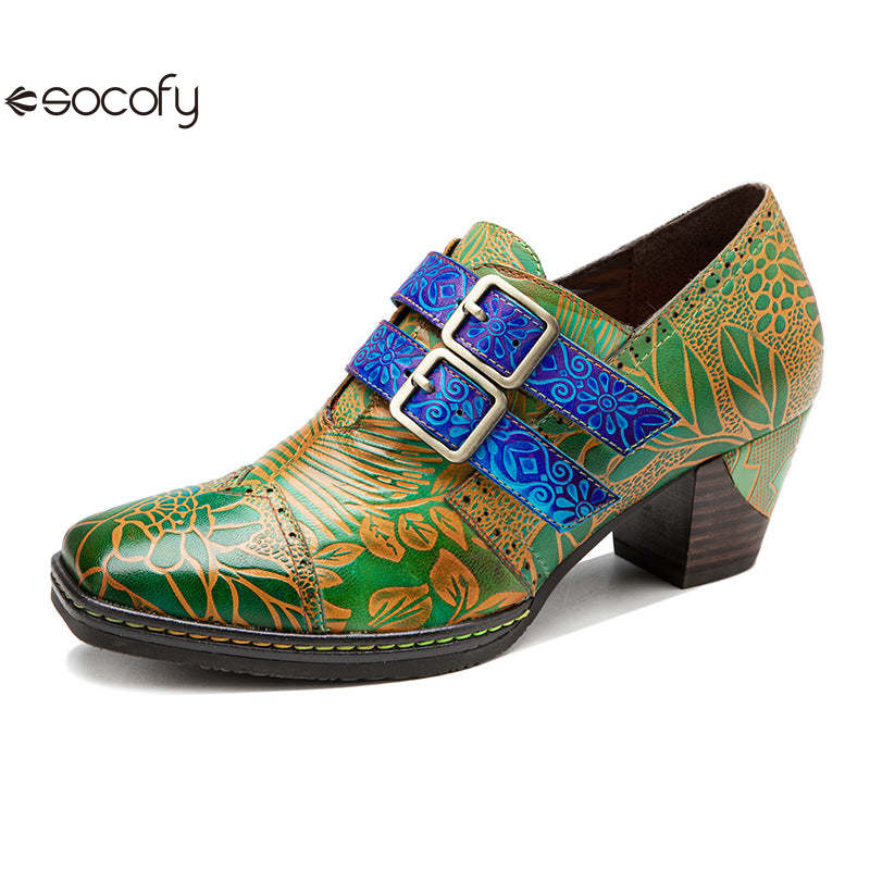 Socofy genuine leather green printed pastoral style retro thick heel women's high heels