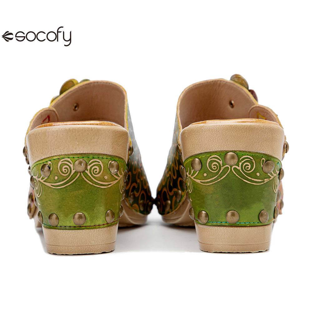 Socofy Spring and summer genuine leather retro flower comfortable thick heel high heel sandals