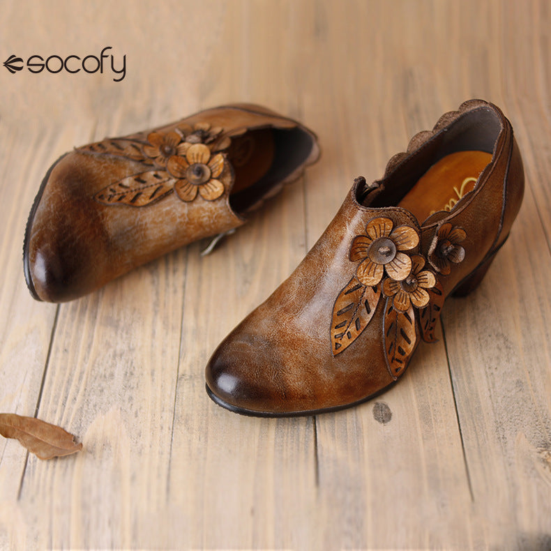 Socofy Genuine Leather Handmade Vintage Fashion Side Zipper High Heels Women's Shoes