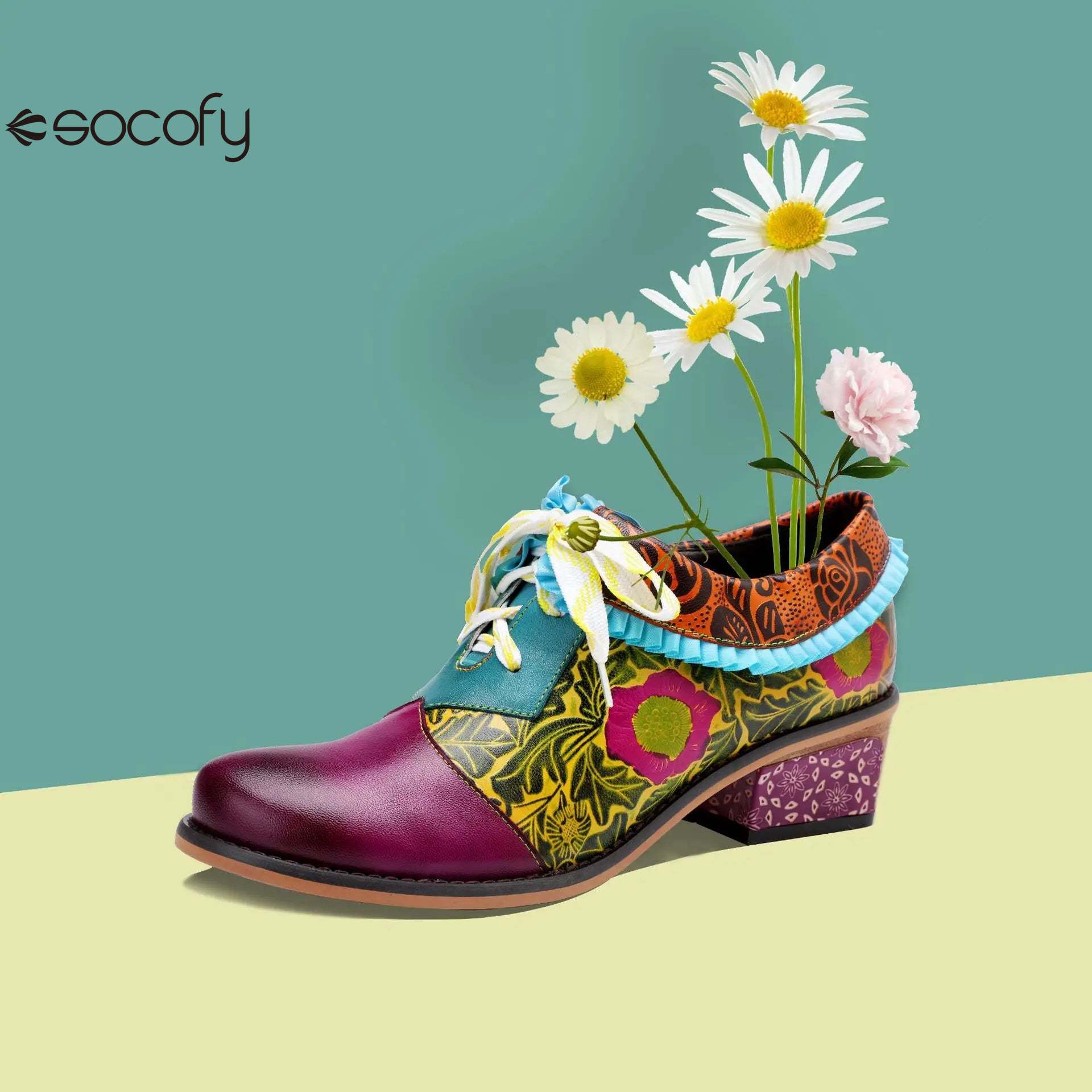 Socofy Genuine Leather Lace-up Oxford Vintage Women Retro Bohemian Flats Shoes