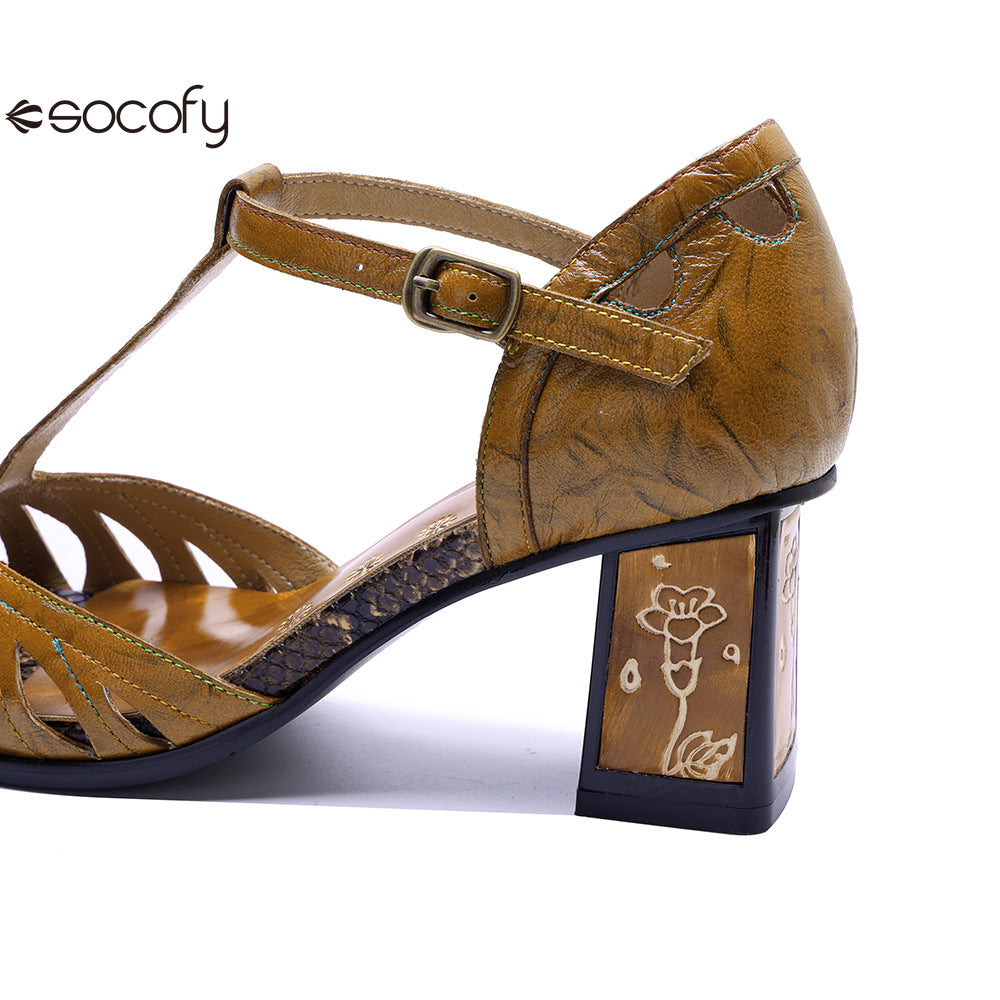 Socofy Leather Handmade Hollowed Out Vintage Heeled Sandals