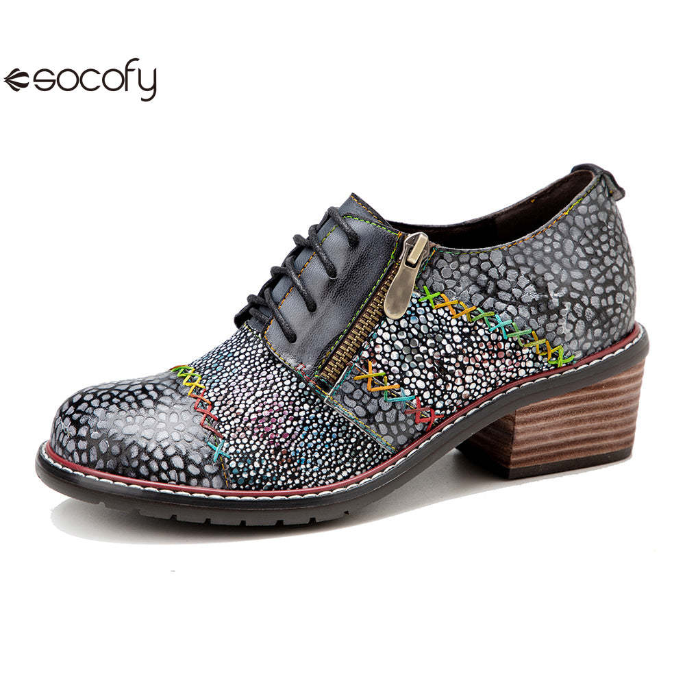 Socofy spring leather zipper Deco Chunky Heels women's shoes