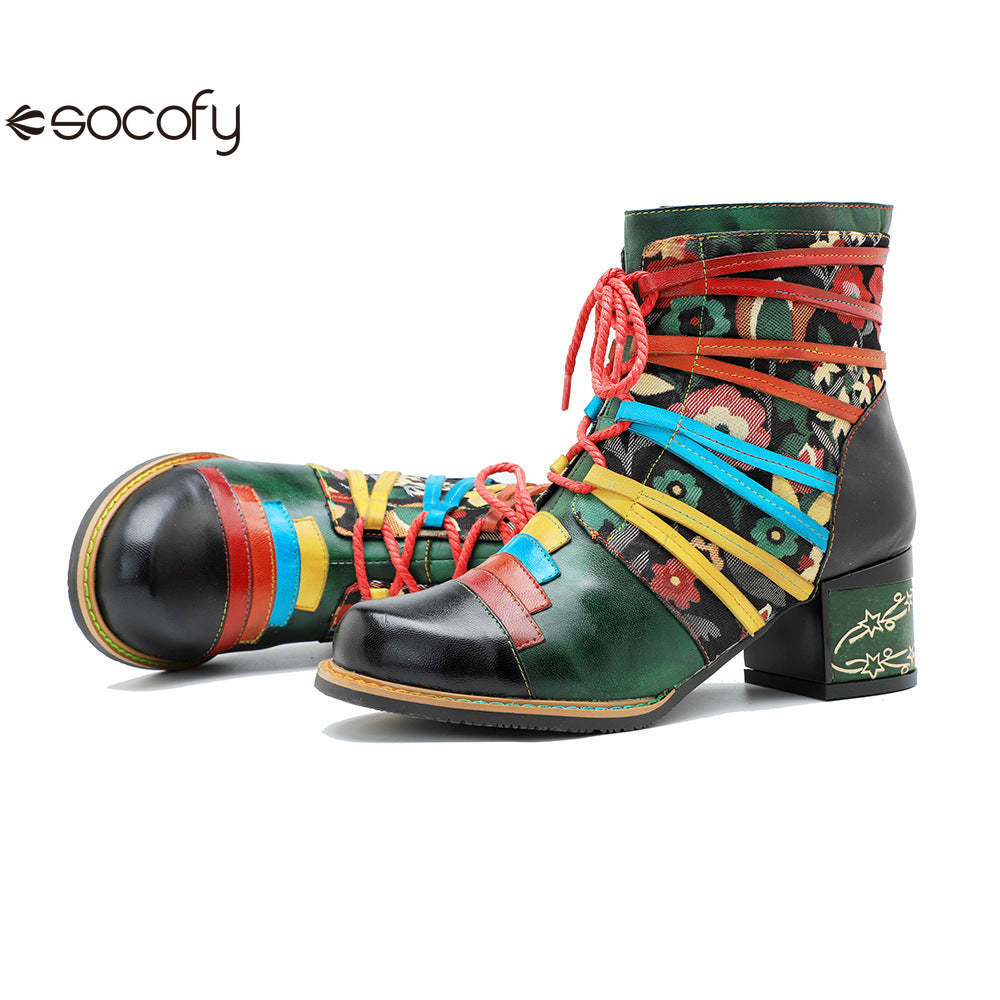 Socofy Vicconfy Handmade Genuine Leather Printed Patchwork Colorful Strappy Chunky Heel Women's Boots