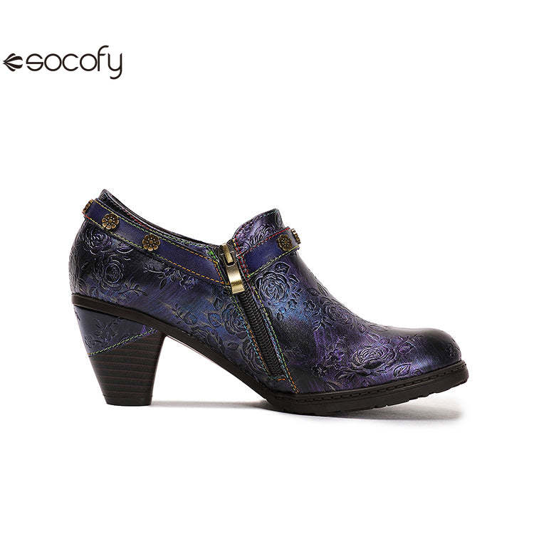 Socofy Ethnic style thick heel retro shoes pumps