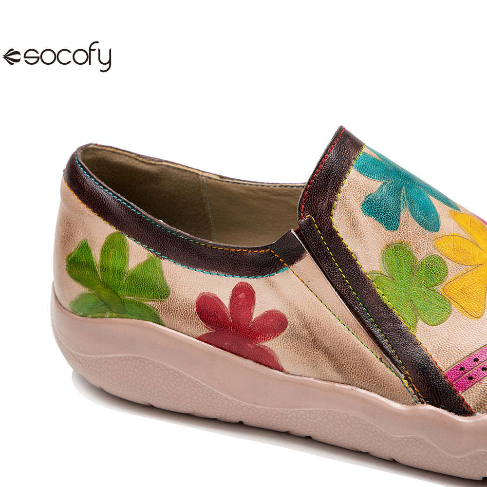 Socofy Vintage lamb leather Printed Lightweight Flat Women's Loafers