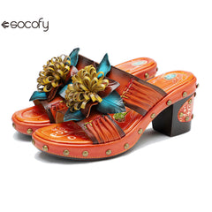 Socofy Genuine Leather Hand-painted Retro High Heeled Slippers Sandals