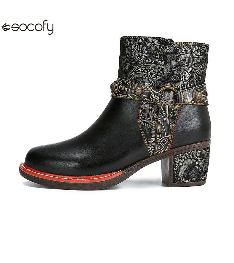 Socofy Vicconfy Ethnic Women's Leather Boots Side Zipper Fashion Boots