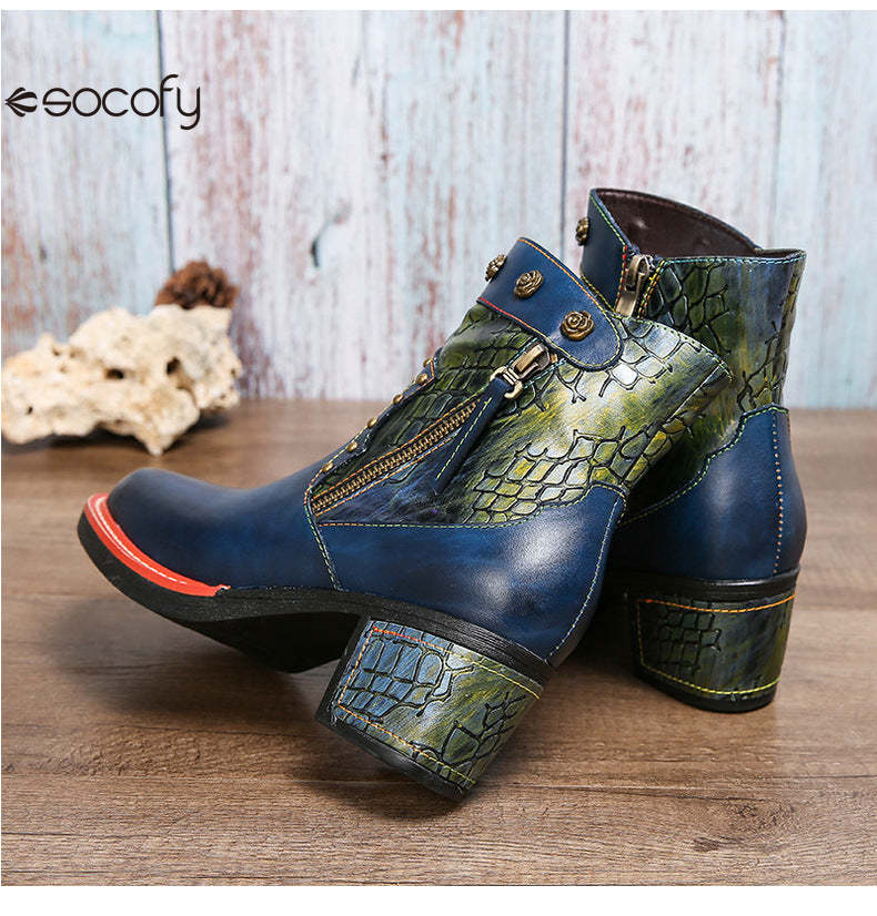 Socofy Vicconfy Women's Martin Boots Leather Patchwork Ethnic Vintage Short Boots