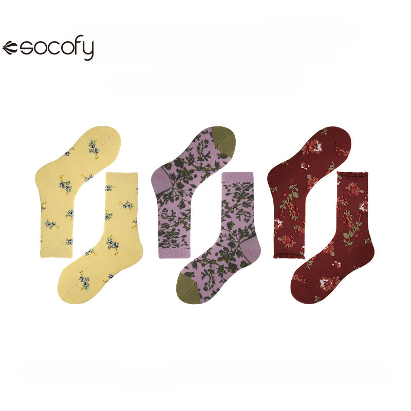 Socofy Vintage mid-calf socks for women combed cotton fashion socks