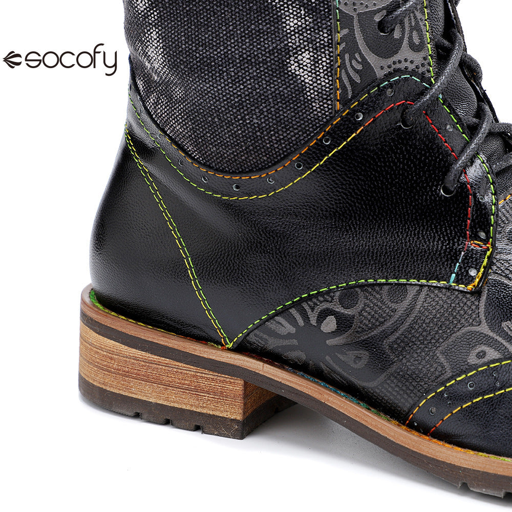 Socofy Vicconfy Genuine Leather Dark Flower Lace Up Flat Boots