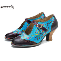 Socofy genuine leather hand-rubbed hollow flower high heels for women