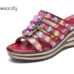 Socofy Summer Leather Vintage Flower Slope Heel Sandals Slippers